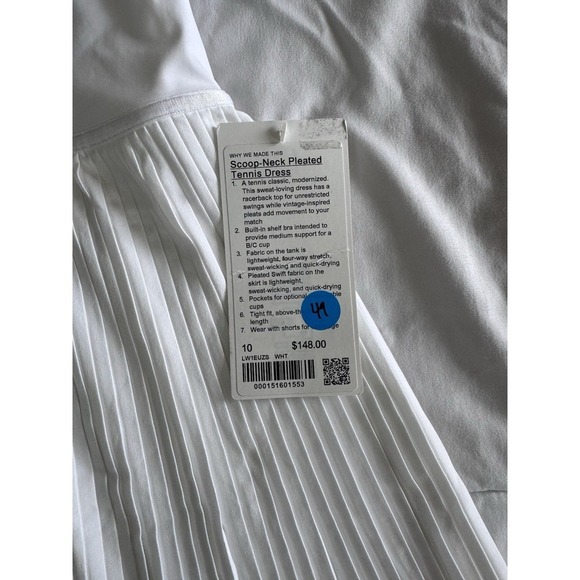 New Lululemon SCOOP NECK PLEATED TENNIS DRESS WHITE Size 10 Built In Bra B/C - Picture 3 of 10